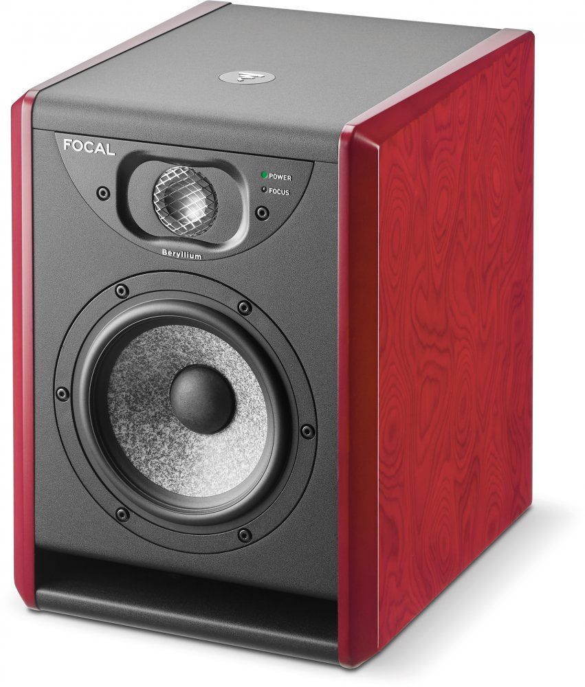 Red and black studio monitor speaker with FOCAL branding and Beryllium tweeter visible.