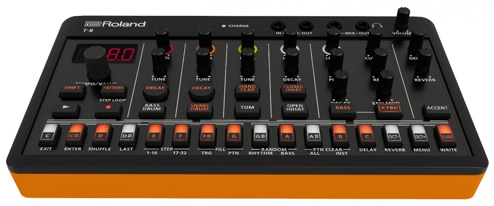 Black and orange Roland T-8 drum machine with buttons, knobs, and a digital display on top.