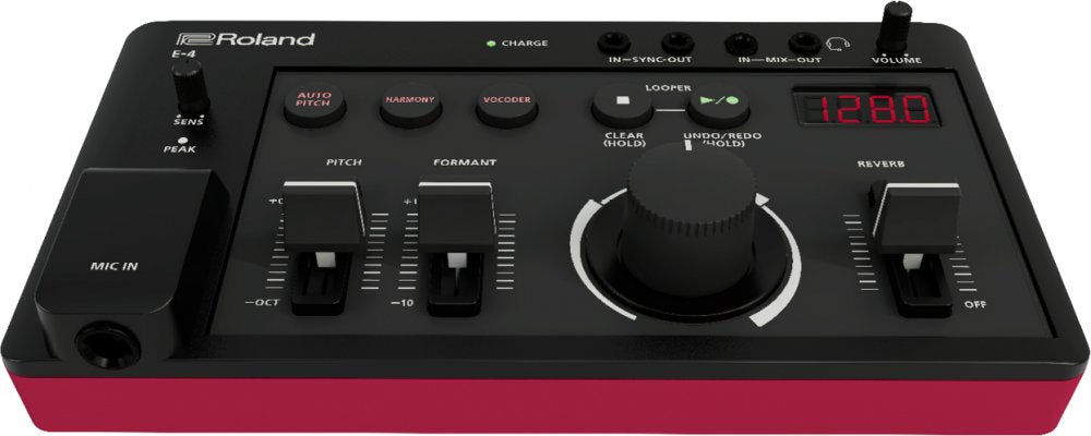 Black and red Roland E-4 voice tweaker synthesizer with knobs, sliders, buttons, jacks, and digital display