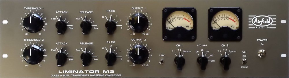 Front panel of a Liminator M2 audio processor with dual channel compression controls and meters.