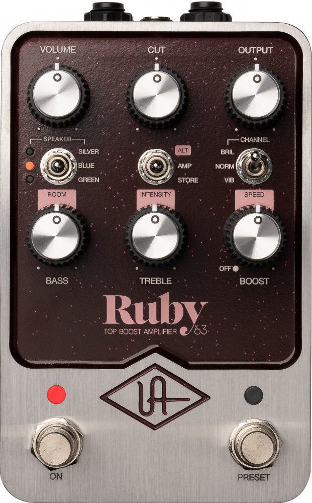 Top view of a metal guitar effects pedal labeled Ruby with knobs, toggle switches, two footswitches, and UA logo.