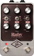 Top view of a metal guitar effects pedal labeled Ruby with knobs, toggle switches, two footswitches, and UA logo.
