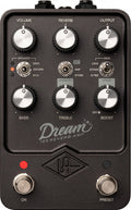 Black guitar effects pedal with knobs, toggle switches, and two footswitches labeled On and Preset.