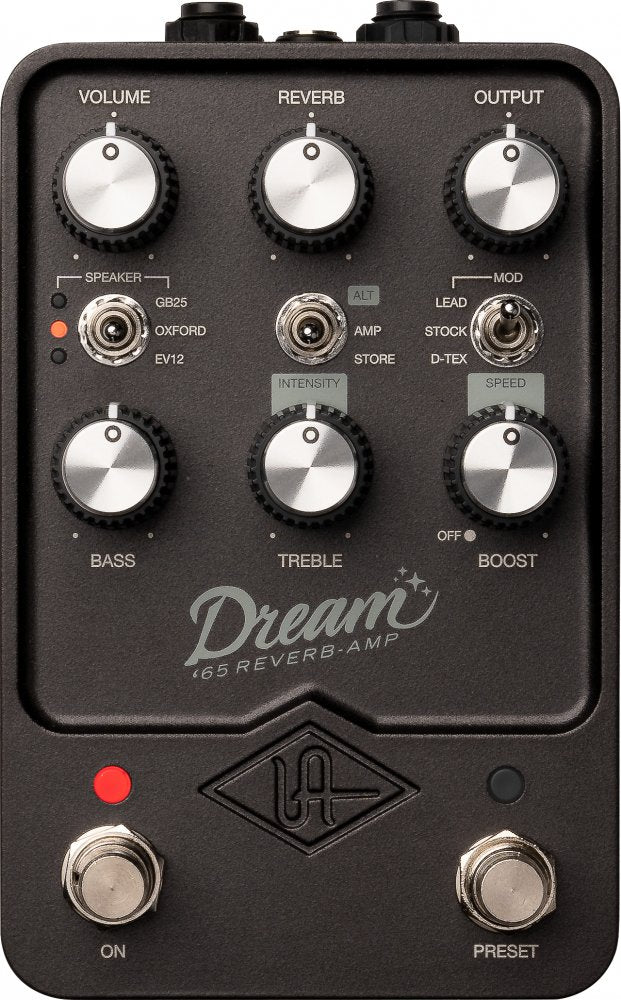 Black guitar effects pedal with knobs, toggle switches, and two footswitches labeled On and Preset.