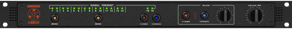 Front panel of a Dangerous Music 2-BUS-XT audio mixer with indicator lights and control knobs.