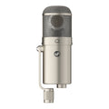Silver metal studio microphone with mesh grille and a knob on the mounting bracket shown from the front.