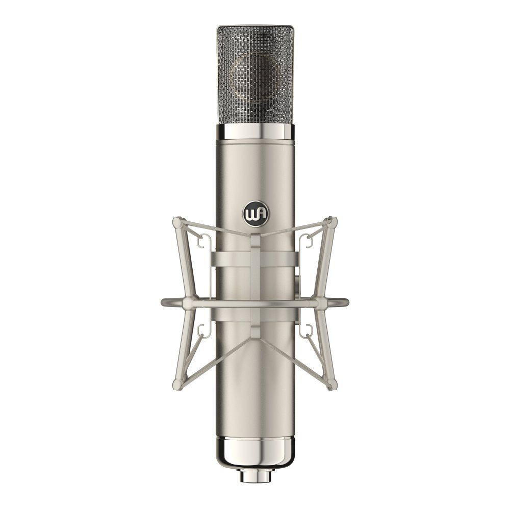 Silver condenser microphone mounted in a shock mount shown frontally with a visible XLR connector.