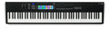Black MIDI keyboard controller with 88 keys, colorful pads, knobs, pitch and modulation wheels, and a small display.