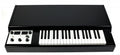 Black keyboard synthesizer with white and black keys and a control panel with knobs and buttons on the left side.