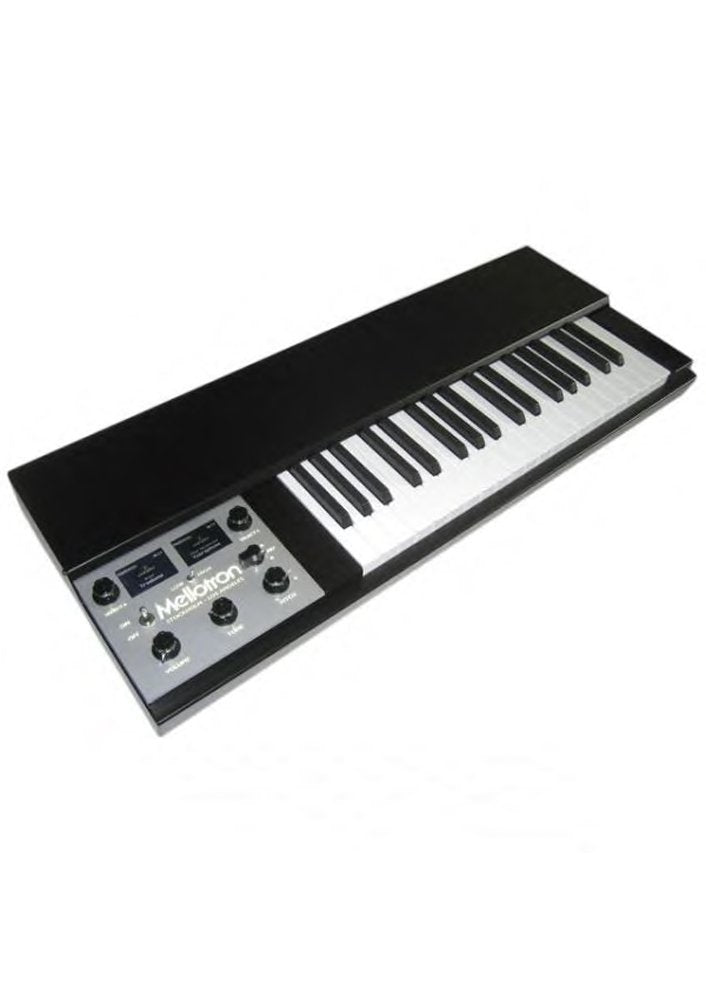 Black keyboard synthesizer with white and black keys and control panel with knobs and switches.