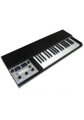 Black keyboard synthesizer with white and black keys and control panel with knobs and switches.