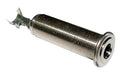 Close-up of a silver-colored metal 1/4 inch mono barrel jack socket connector.