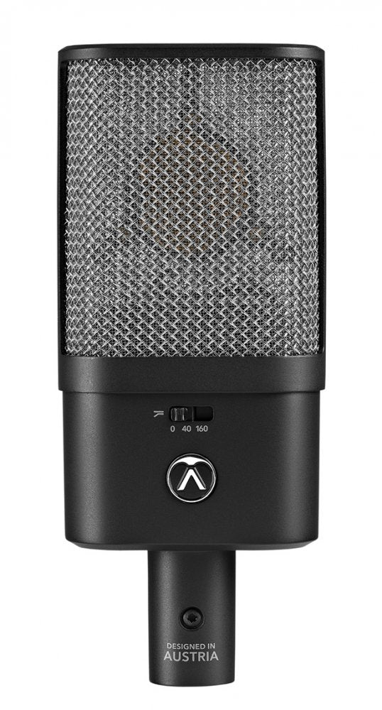 Black condenser studio microphone with a mesh grille, control switch, and XLR connector, designed in Austria.