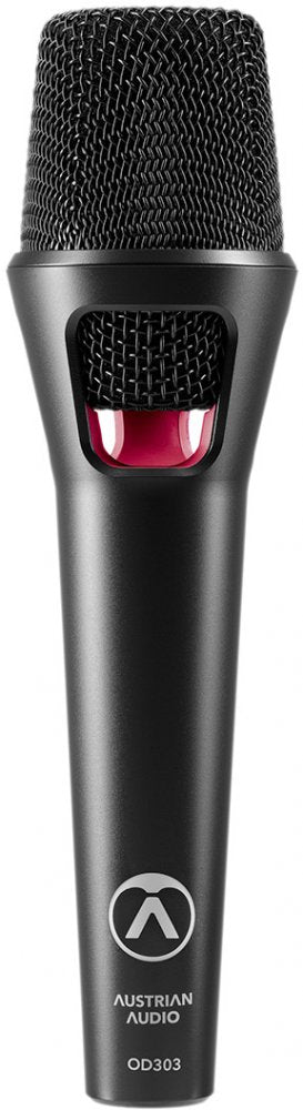 Black handheld microphone with metal mesh grille, red accent, and AUSTRIAN AUDIO OD303 branding.