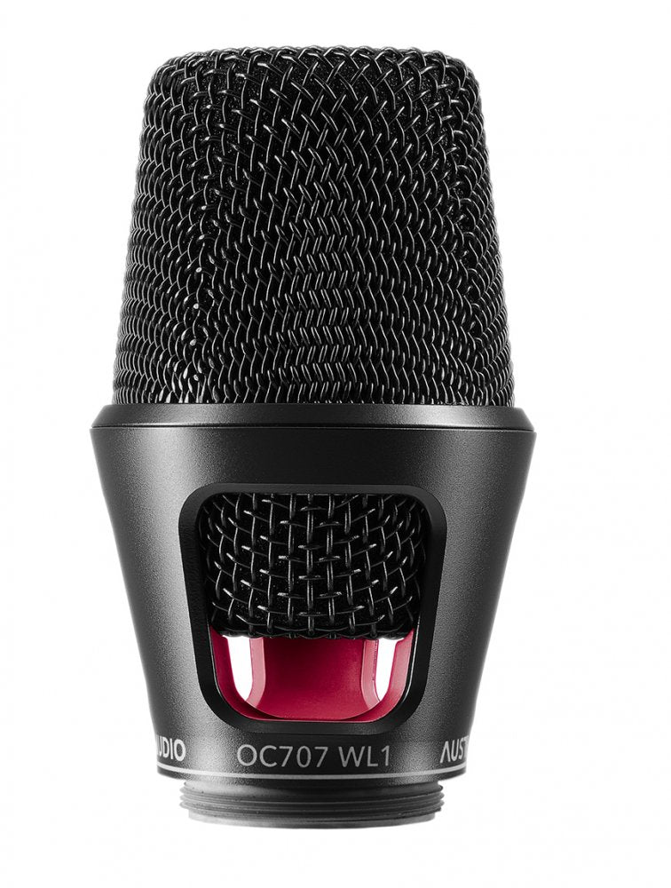 Black and red studio microphone capsule with metal mesh grille and threaded connector.