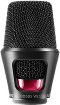 Close-up view of a black and red studio microphone head with metal mesh and threaded connector base.