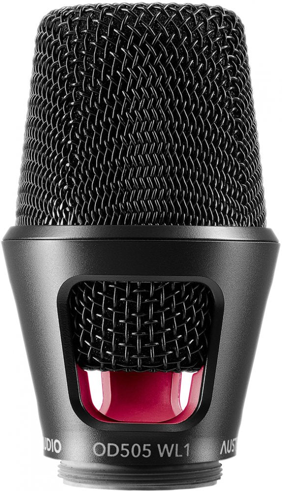 Close-up view of a black and red studio microphone head with metal mesh and threaded connector base.