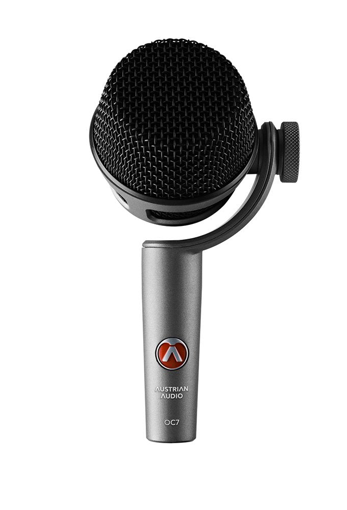 Black and gray microphone with a mesh head and adjustable knob, labeled AUSTRIAN AUDIO OC7.