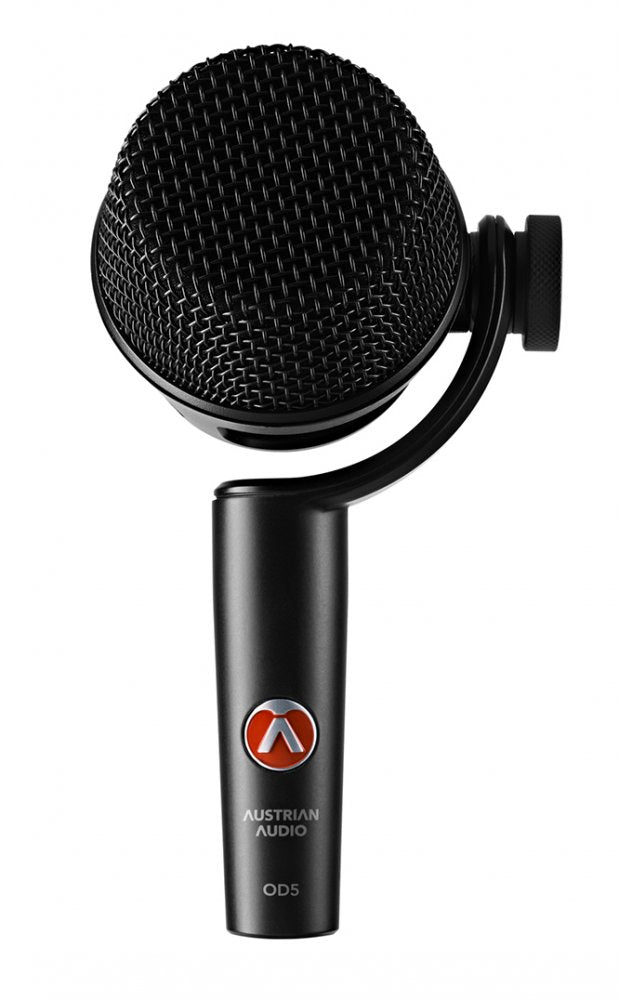Black microphone with a spherical mesh grille and a knob on the side, labeled Austrian Audio OD5.