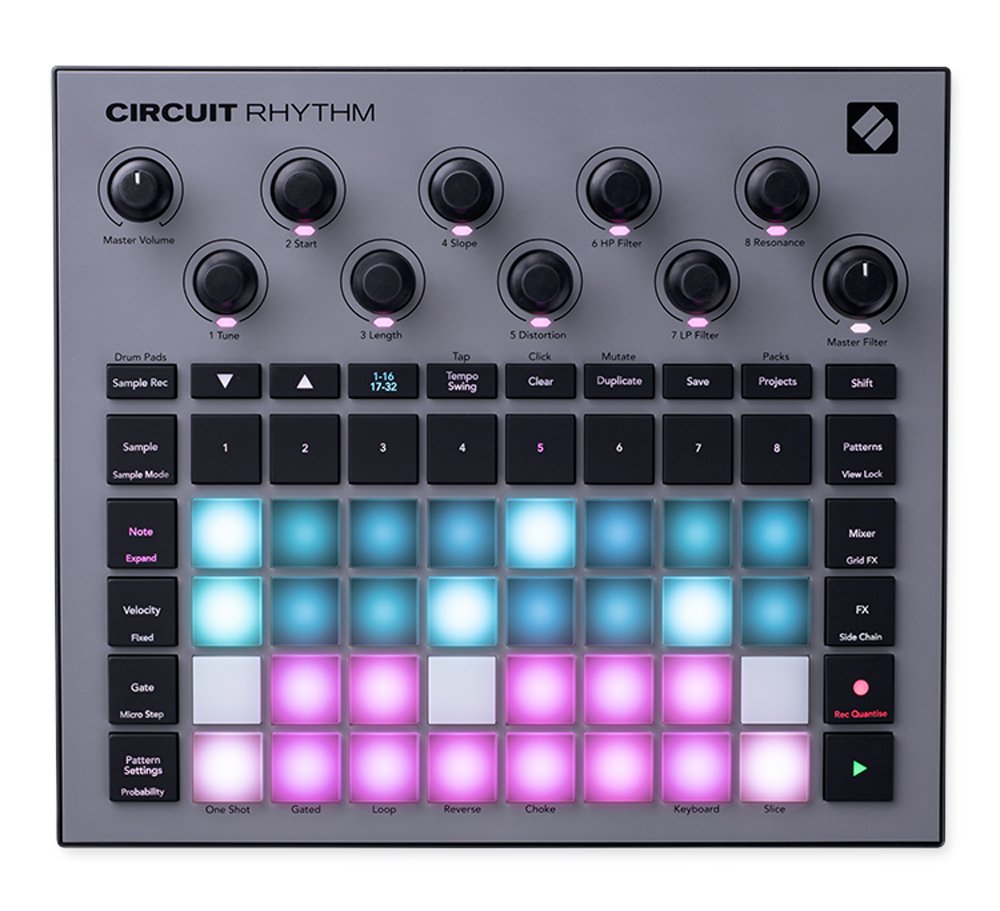 Top view of a Circuit Rhythm music production controller with knobs, buttons, and illuminated pads.