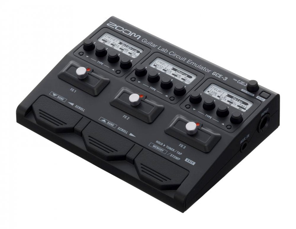 Black audio effects pedal with three knobs sets, three footswitches, and multiple small displays, labeled GCE-3.