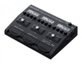 Black audio effects pedal with three knobs sets, three footswitches, and multiple small displays, labeled GCE-3.