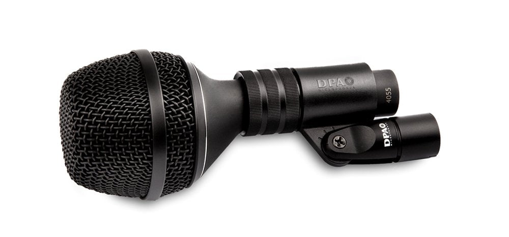 Black handheld microphone with mesh grille and XLR connector mount showing DPA branding and model 4055.
