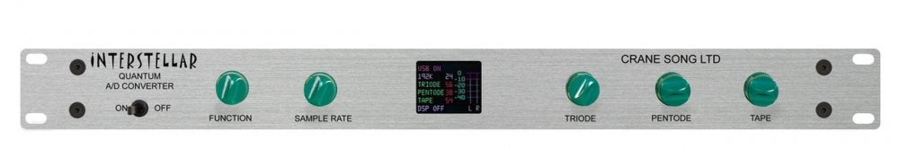 Front panel of a silver audio converter unit with knobs, toggle switches, and a small color display screen.