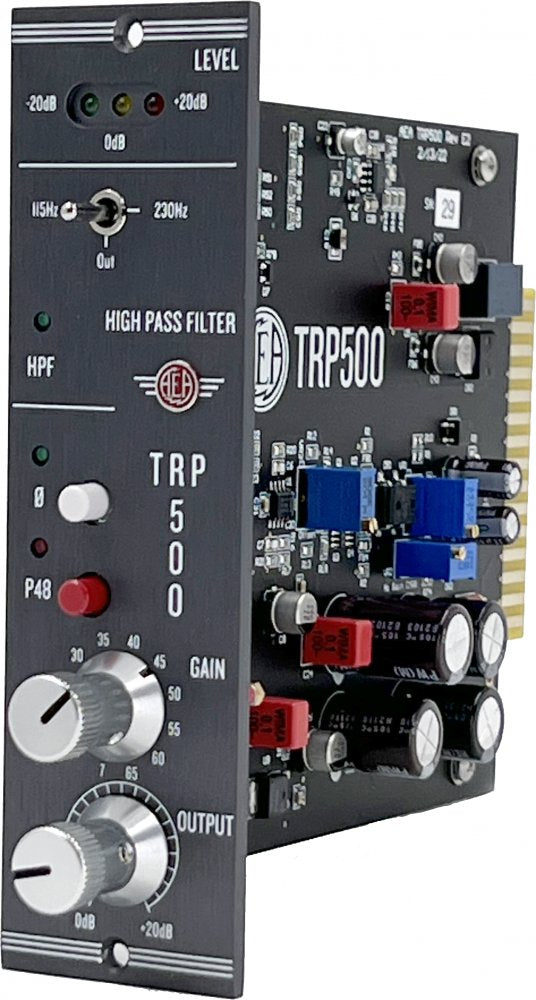 Electronic preamp module labeled TRP500 with level lights, toggle switch, push button, and two knobs for gain and output.