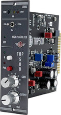 Electronic preamp module labeled TRP500 with level lights, toggle switch, push button, and two knobs for gain and output.