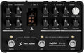 Black bass preamp pedal with knobs, footswitches, MIDI port, balanced output, and bass input connections.