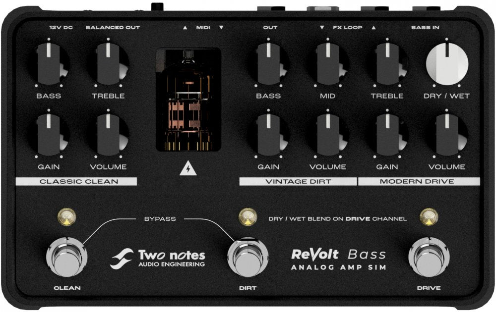 Black bass preamp pedal with knobs, footswitches, MIDI port, balanced output, and bass input connections.