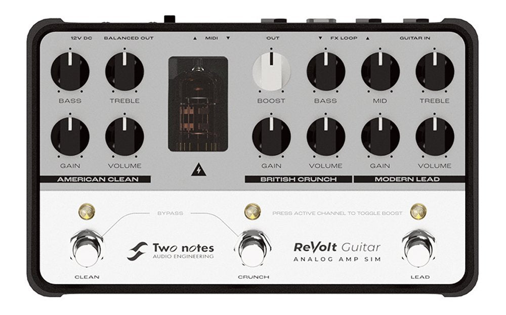 Top view of a Two notes ReVolt Guitar preamp and boost pedal with multiple knobs, footswitches, and a visible tube.