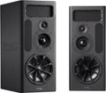 Two black PMC studio monitor speakers shown from front and angled front view.