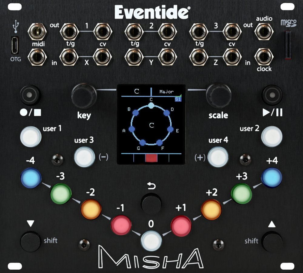 Front panel of Eventide Misha Eurorack module with knobs, buttons, USB-C, audio and CV jacks, and a color display.
