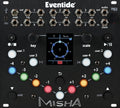 Front panel of Eventide Misha Eurorack module with knobs, buttons, USB-C, audio and CV jacks, and a color display.