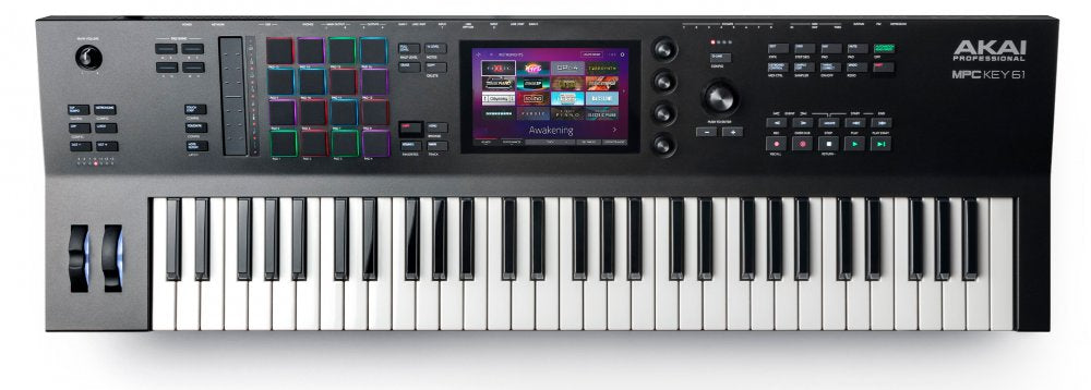 Top view of AKAI MPC Key 61 keyboard with pads, knobs, buttons, and touchscreen display showing software interface.