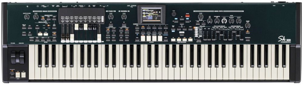 Black keyboard synthesizer with multiple control knobs, buttons, and sliders above the keys and a small screen