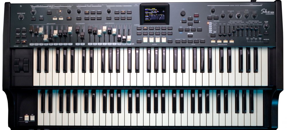 Black dual keyboard synthesizer with multiple sliders, knobs, buttons, and a small color screen on top panel.