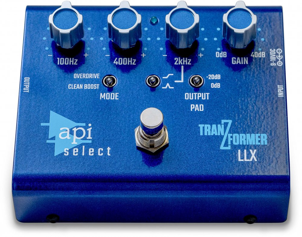 Blue audio effects pedal with four rotary knobs, three toggle switches, and a footswitch labeled api select TRANZFORMER LLX.