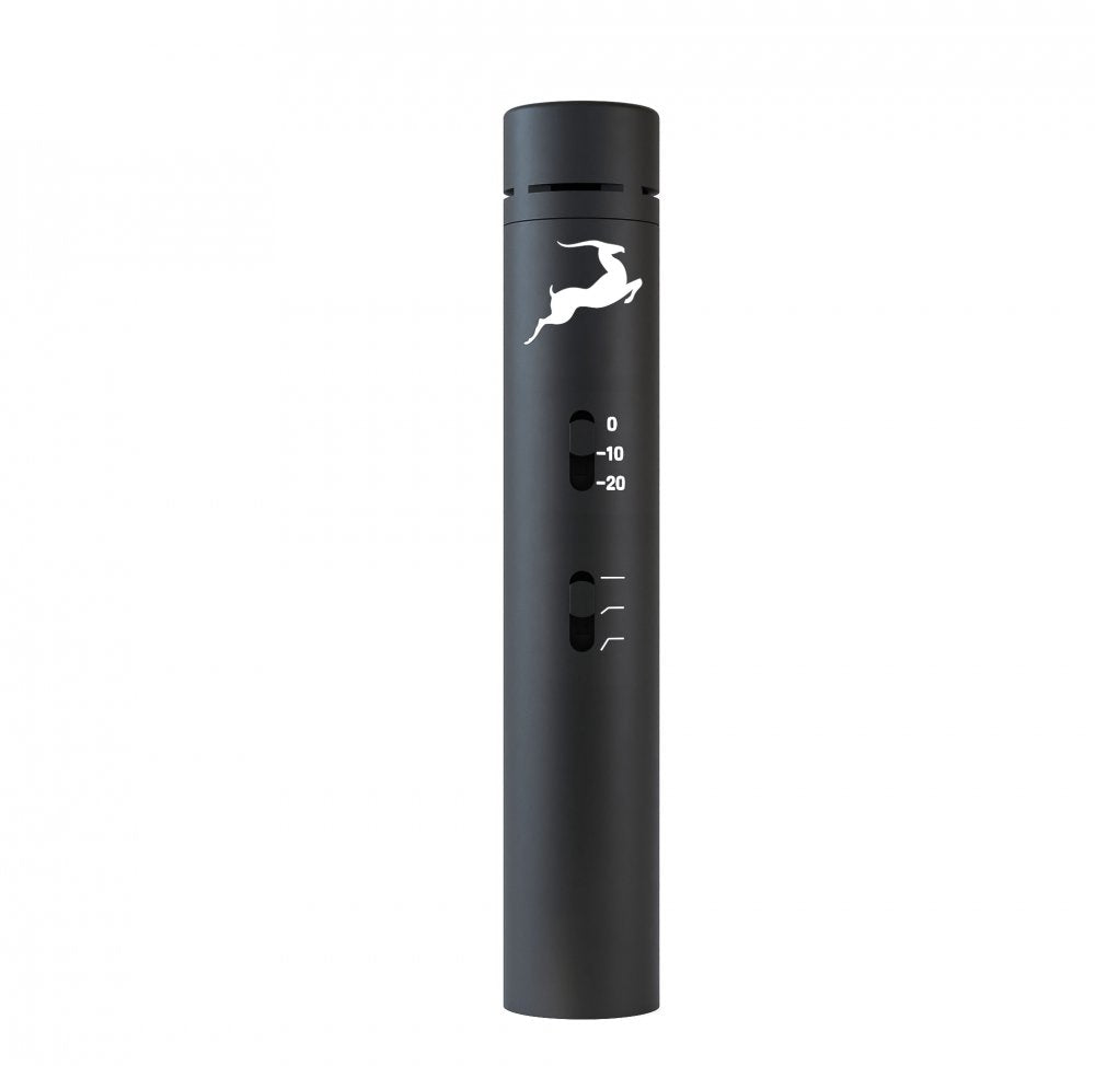 Black cylindrical microphone with two slider switches and a white leaping antelope logo on the front.