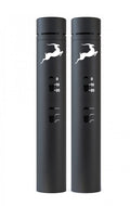 Two identical black cylindrical audio devices with white antelope logos and slider controls with numeric markings.
