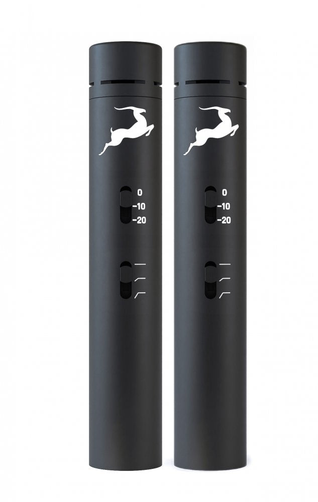 Two identical black cylindrical audio devices with white antelope logos and slider controls with numeric markings.