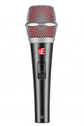Handheld microphone with a red mesh grille, an on/off slider switch, and sE branding on a black body.