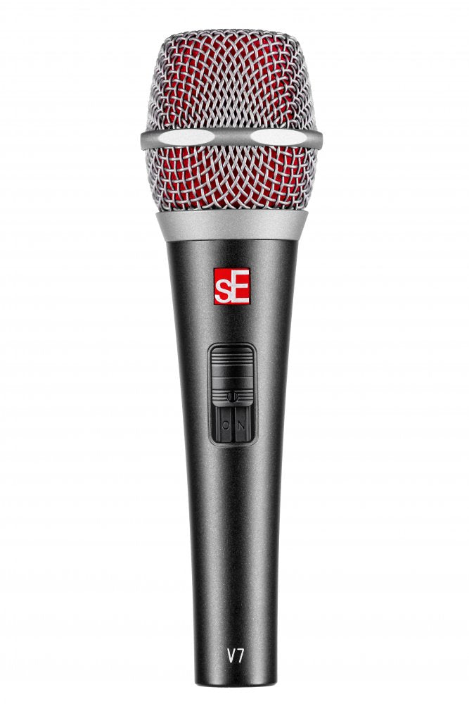 Handheld microphone with a red mesh grille, an on/off slider switch, and sE branding on a black body.