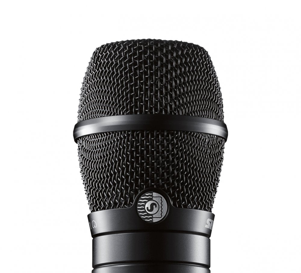 Close-up front view of a black Shure microphone grille with a metal mesh and control knob.