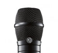 Close-up front view of a black Shure microphone grille with a metal mesh and control knob.