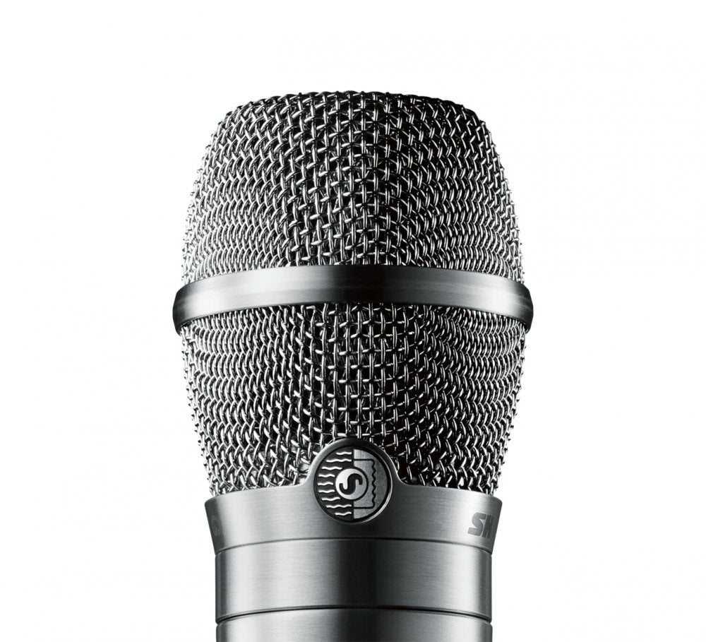 Close-up front view of a metallic microphone grille with a logo emblem.