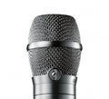 Close-up front view of a metallic microphone grille with a logo emblem.