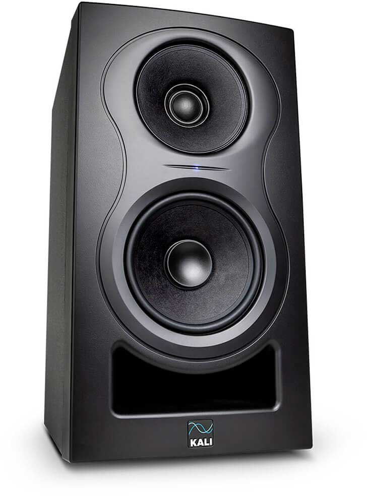 Black studio monitor speaker with two drivers and a front port, labeled 'KALI' on the front bottom.